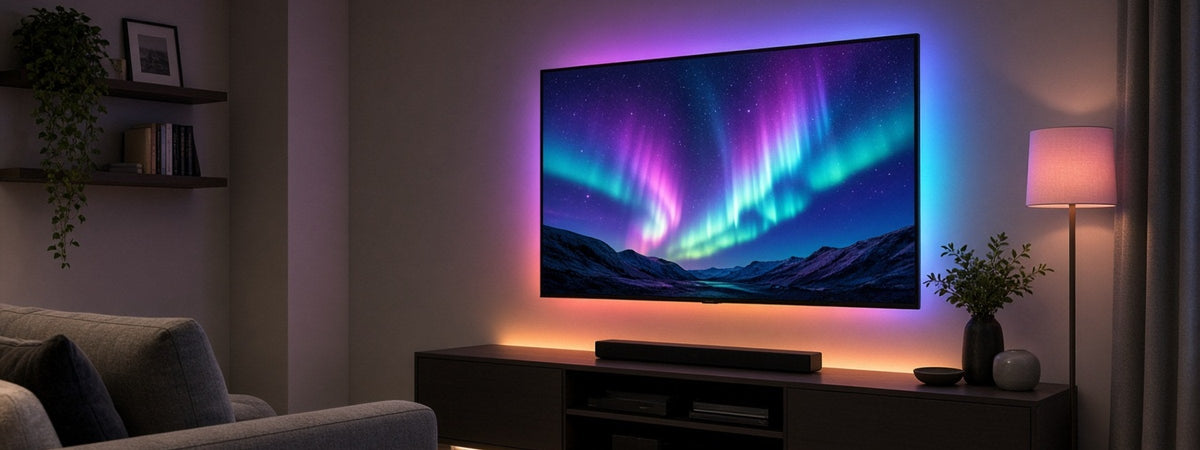 Sala con televisor y luces LED de ambiente detrás de la pantalla