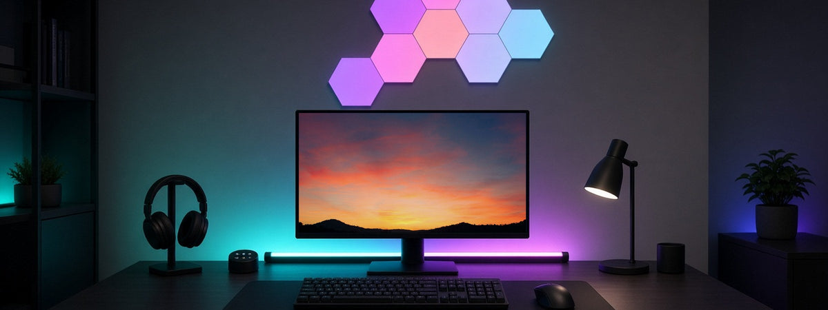 Escritorio gamer con paneles de luz hexagonales y barras LED de colores