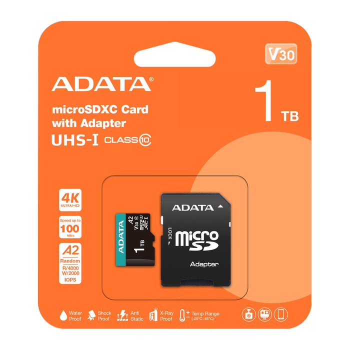 ADATA Memoria microSDXC Premier Pro 1TB UHS-I U3 V30 A2 100 MB/s con Adaptador AUSDX1TUI3V30SA2-RA1
