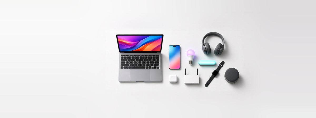 Laptop, celular, audífonos, bombillo inteligente, barra LED, router y más tecnología sobre una mesa blanca