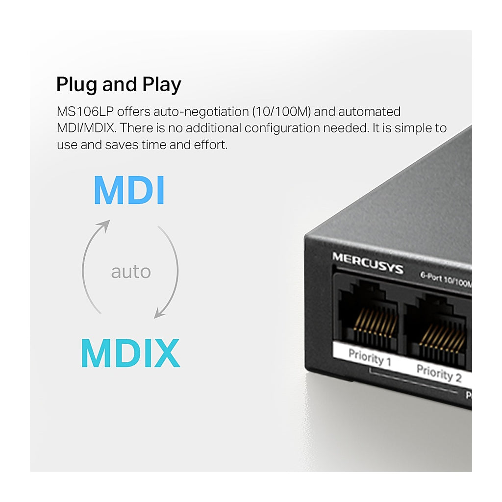 Mercusys Switch PoE+ MS106LP 6 Puertos 10/100 (4 PoE+) 40 W