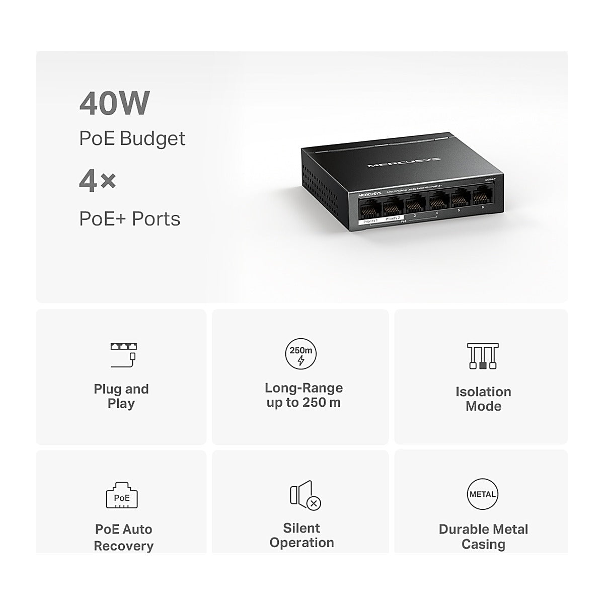 Mercusys Switch PoE+ MS106LP 6 Puertos 10/100 (4 PoE+) 40 W