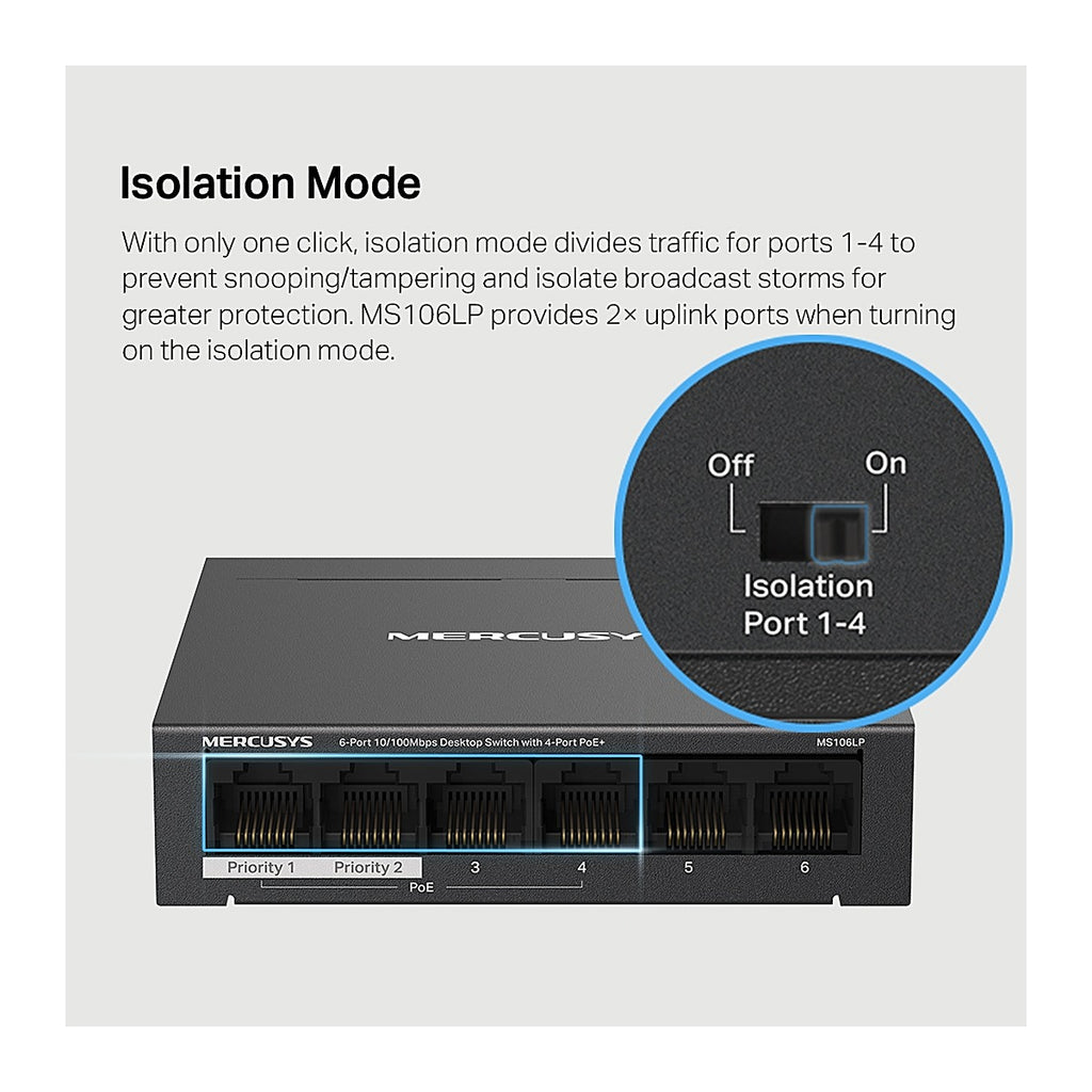 Mercusys Switch PoE+ MS106LP 6 Puertos 10/100 (4 PoE+) 40 W