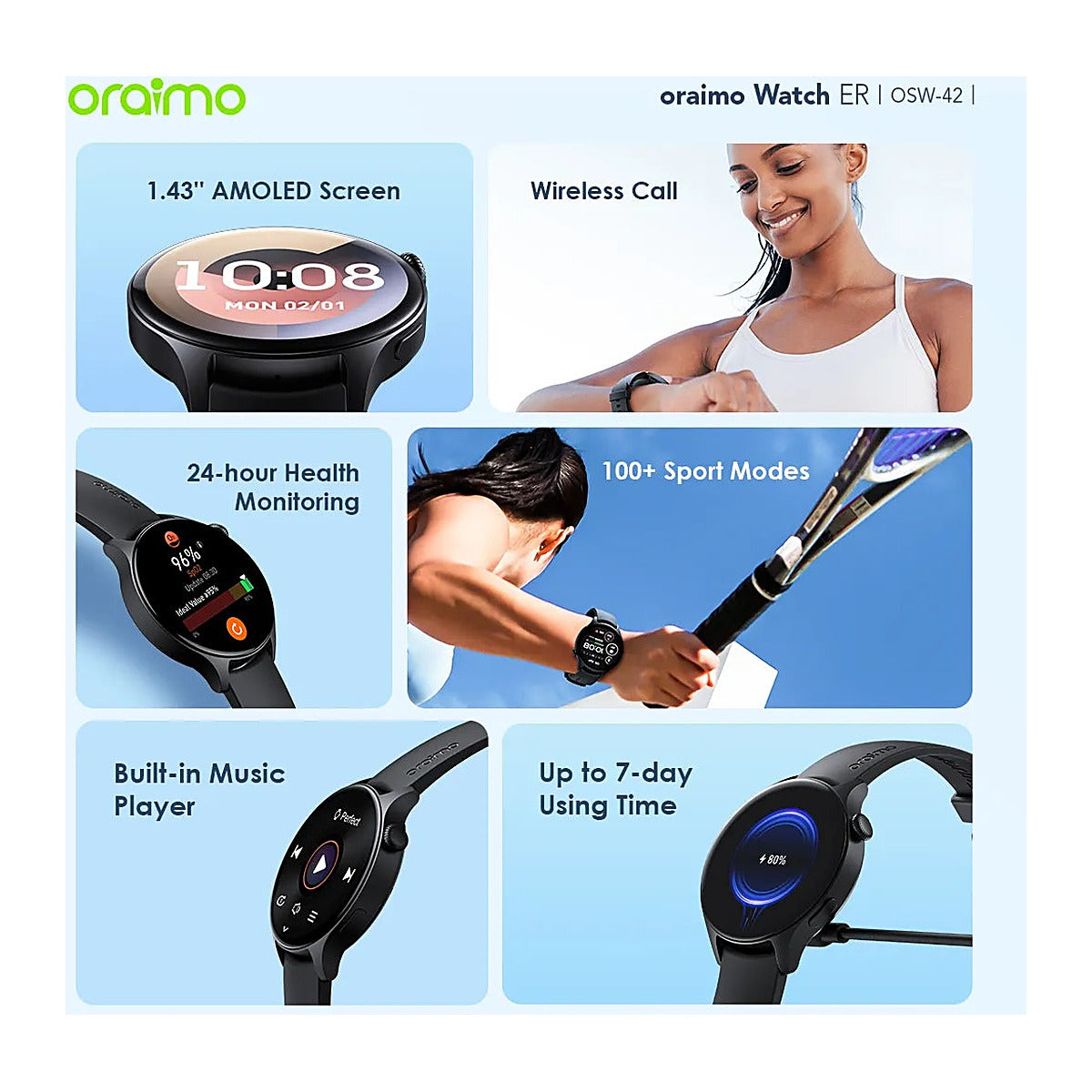 Oraimo Reloj Inteligente Watch ER OSW-42 1.43" AMOLED Negro