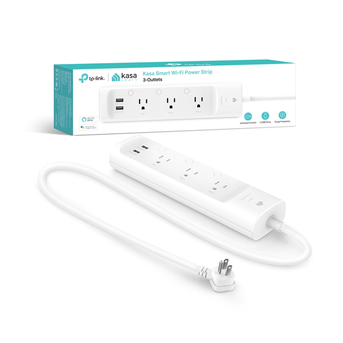 TP-Link Kasa KP303 Regleta Inteligente Wi-Fi, 3 Tomas y 2 USB, Protector de Picos