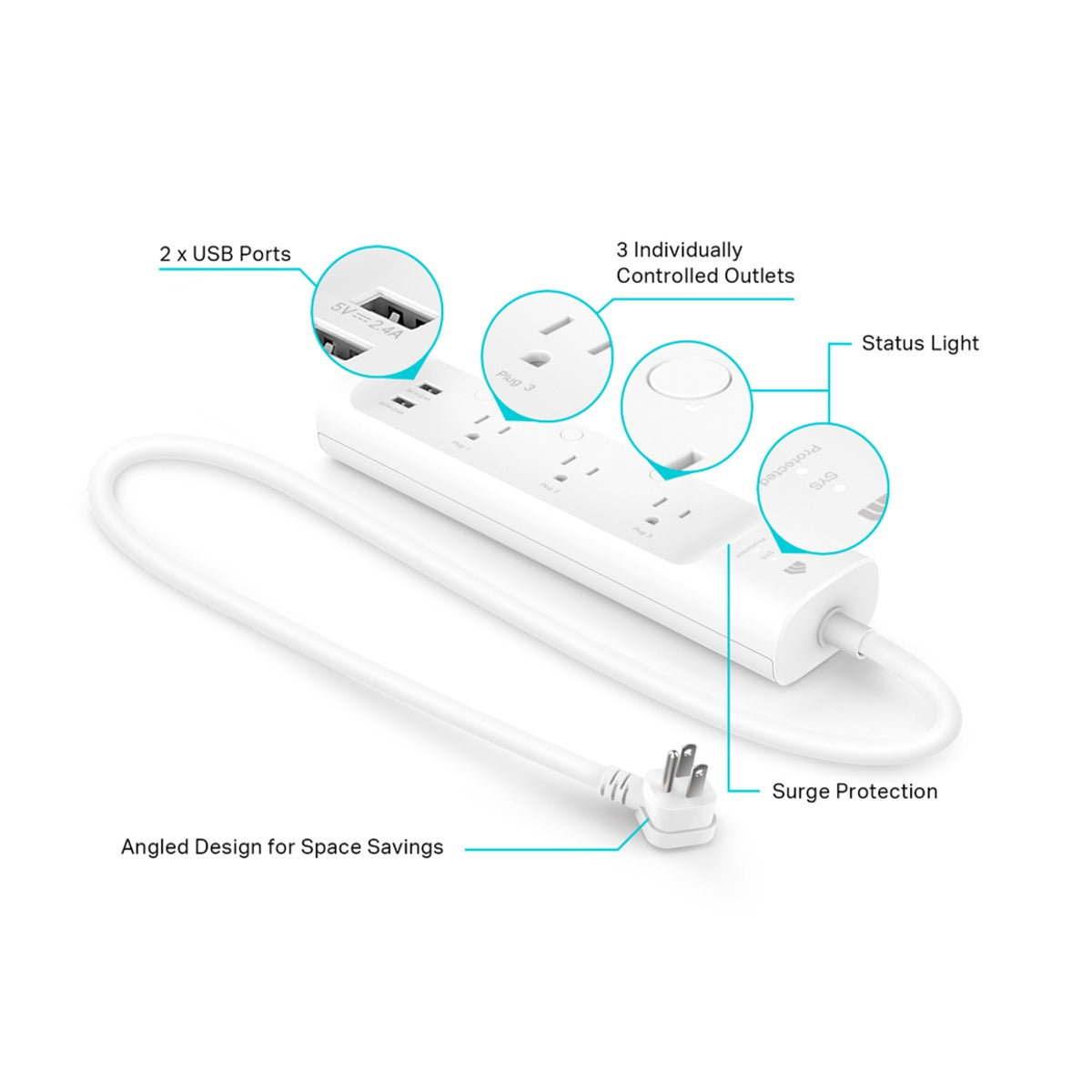 TP-Link Kasa KP303 Regleta Inteligente Wi-Fi, 3 Tomas y 2 USB, Protector de Picos
