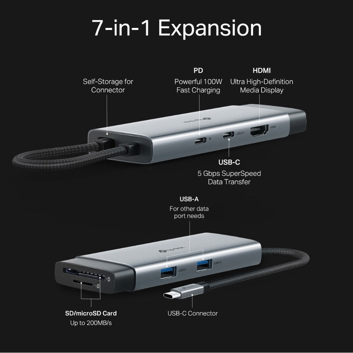 TP-Link Hub USB-C 7 en 1 HDMI 4K, SD/microSD y PD 100W UH7020C